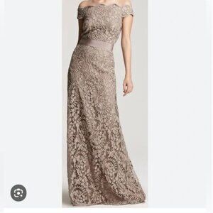 Tadashi Shoji Belted Formal Gown Lace Dress Taupe Size 8